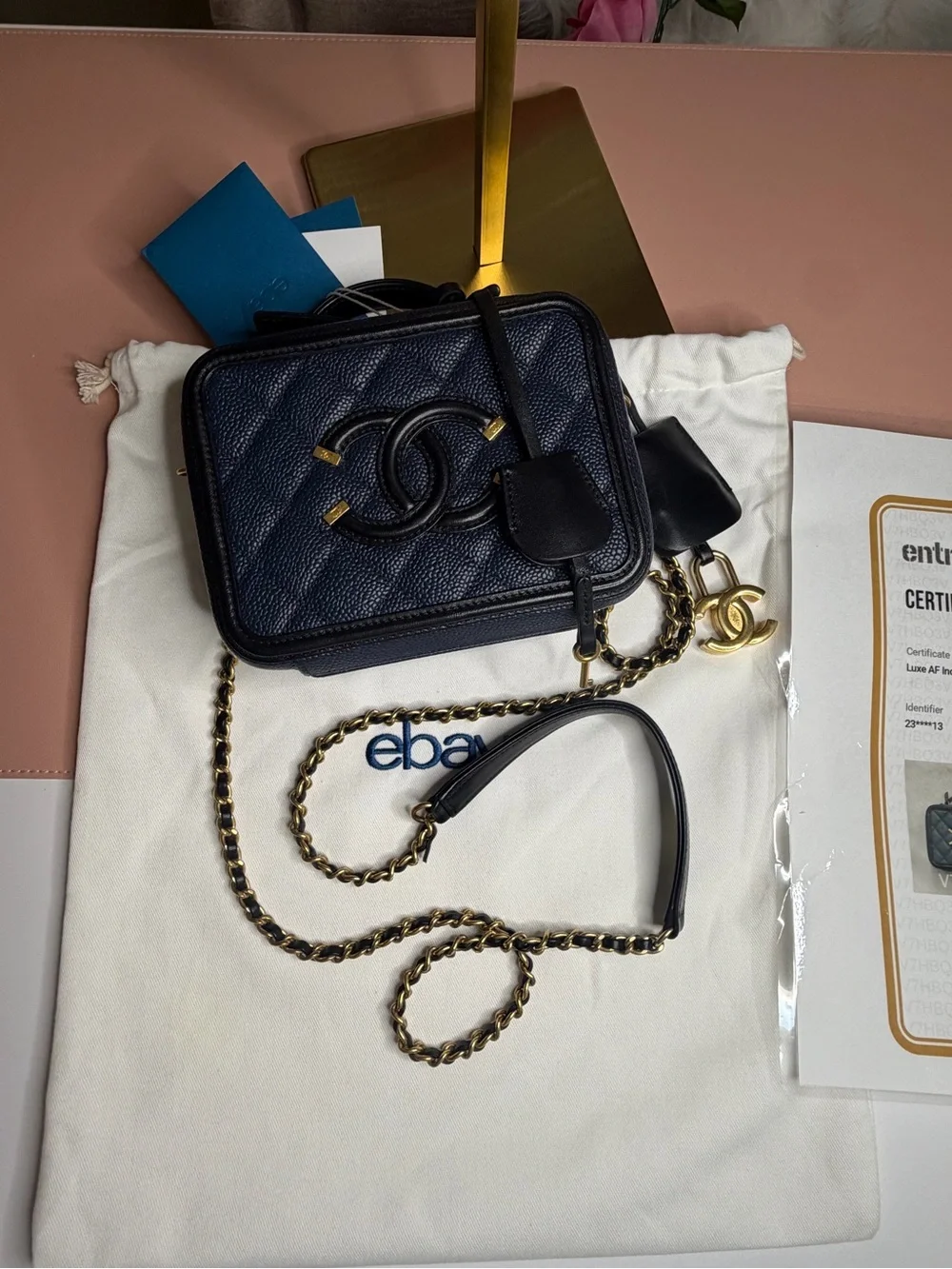 Chanel CC Filigree Small Vanity Case Navy & Black Caviar Leather Crossbody w/COA